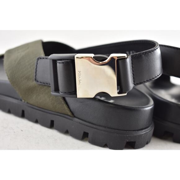 Prada Montana Nastro Criss Cross Strap Buckle Green Black Logo Flat Sandal 35.5 - Picture 14 of 16